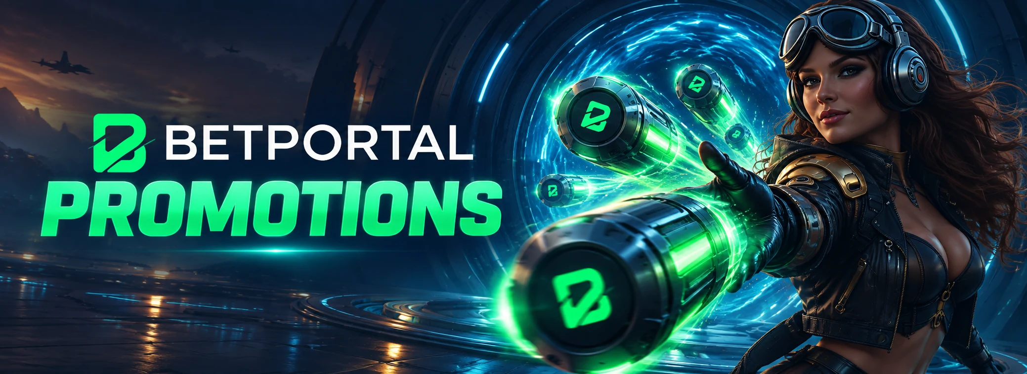 Betportal Promotions, with glowing green capsules and an aviator beside a portal